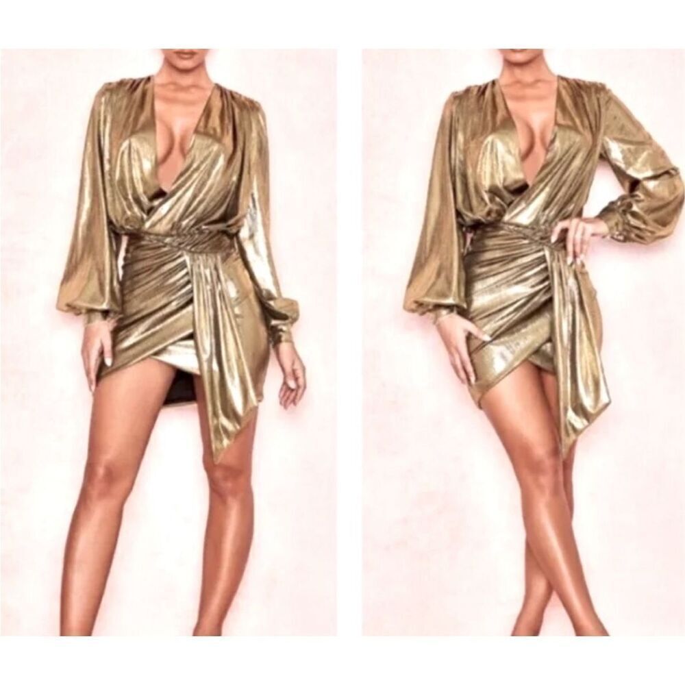 House of CB Women Alvona Gold Drape Long Sleeve Vneck Ruched Mini Dress Size XS